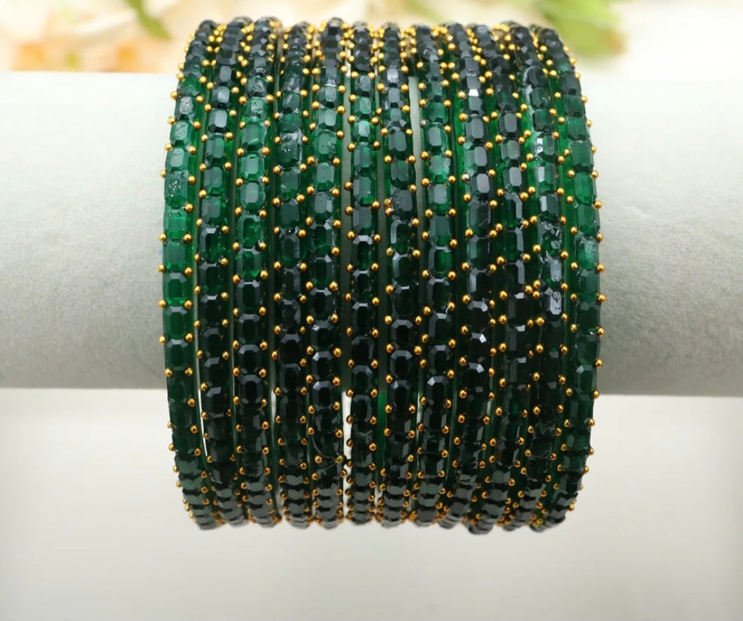 Cube Cut Raindrop Glass Bangles - Green