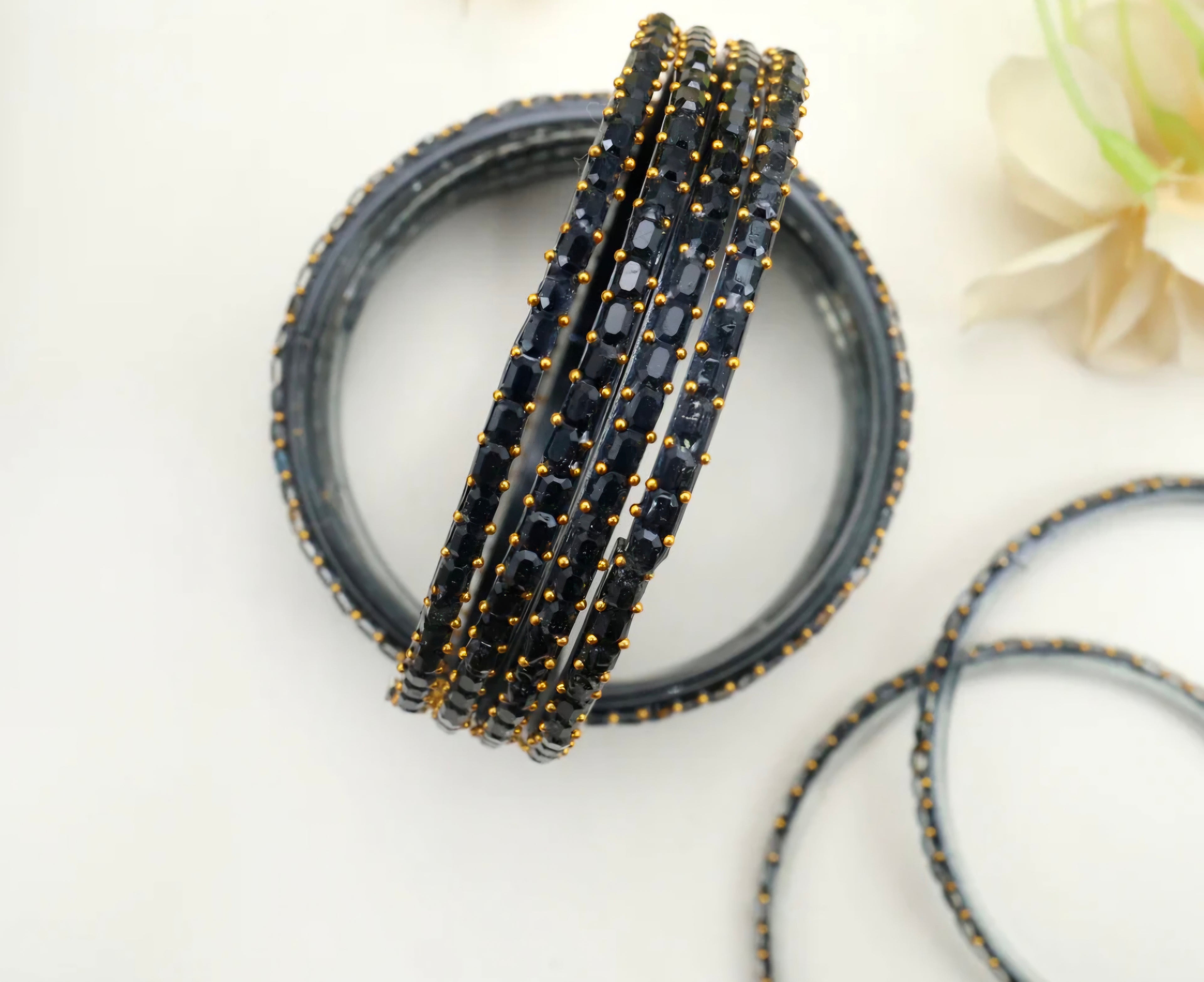 Cube Cut Raindrop Glass Bangles - Black