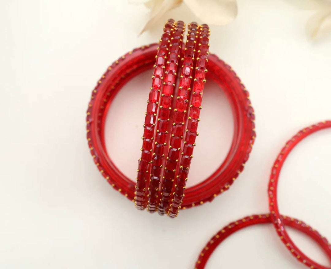 Cube Cut Raindrop Glass Bangles - Red