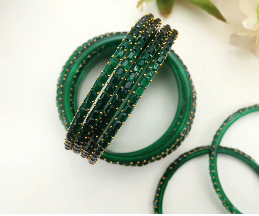 Cube Cut Raindrop Glass Bangles - Green