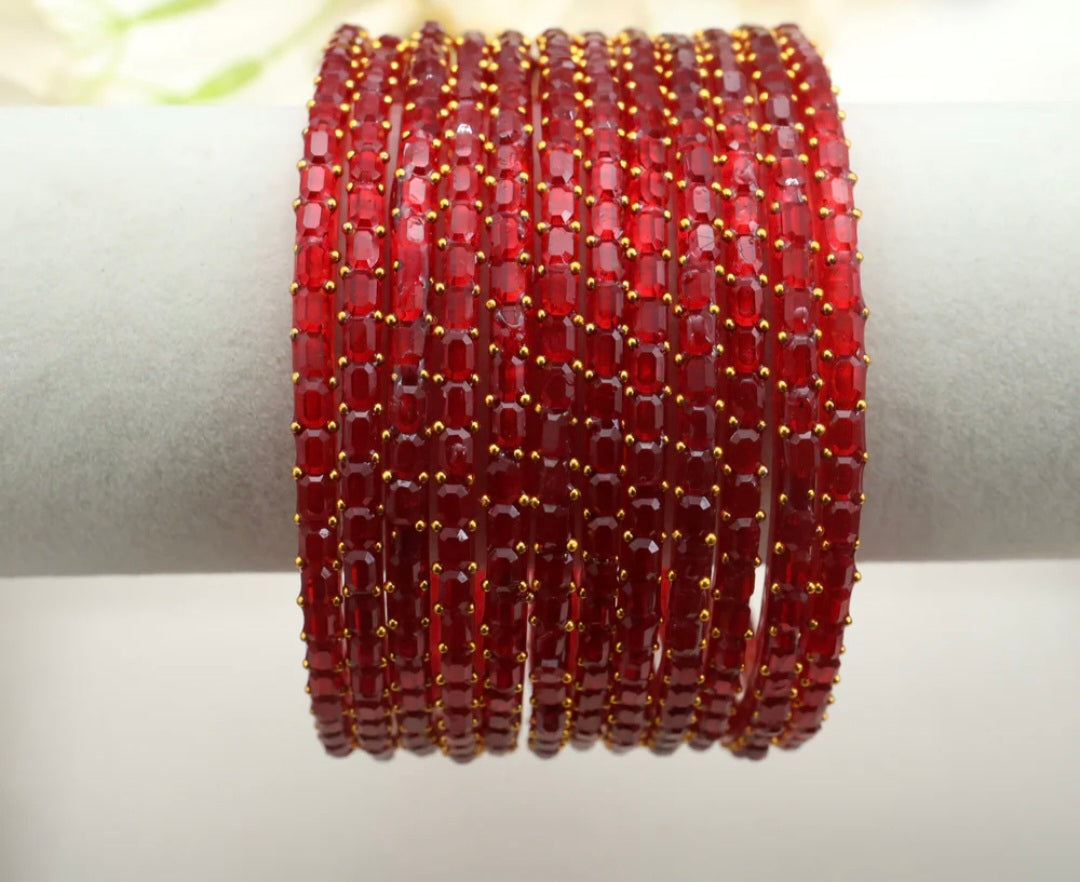 Cube Cut Raindrop Glass Bangles - Red