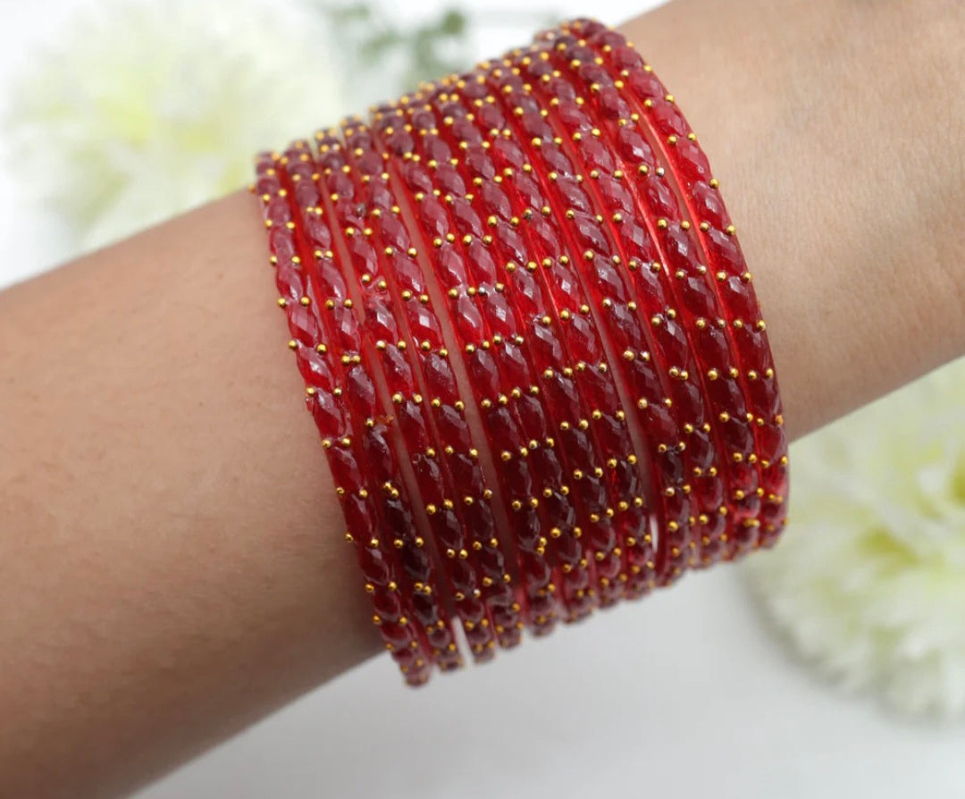 Crystal Cut Raindrop Glass Bangles - Red